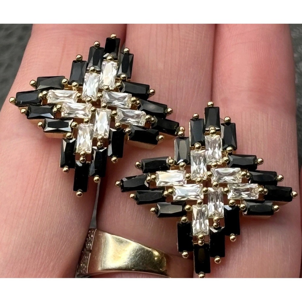Vintage Black Onyx Baguette CZ Crystal Starburst Pierced Stud Earrings
